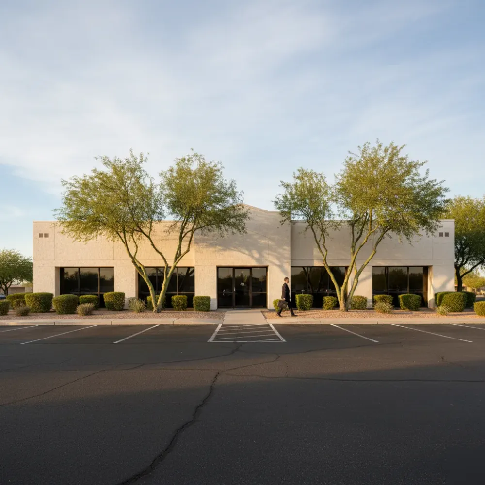 Sex crimes law office exterior near South Stapley Drive Mesa Arizona at golden hour