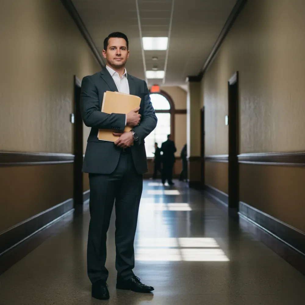 domestic-violence-arrest-courthouse-corridor-mesa-arizona Person standing in a Mesa courthouse corridor holding legal documents after a domestic violence arrest proceeding.