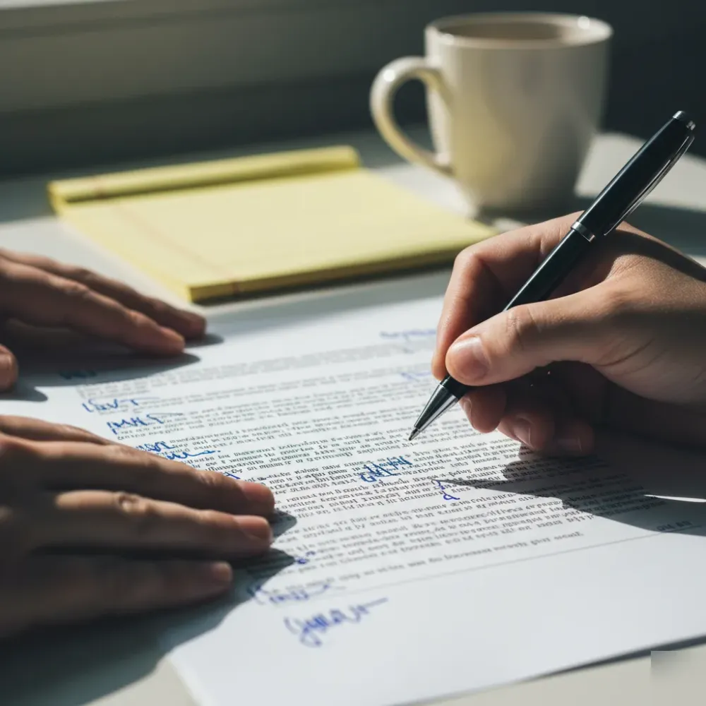 domestic-violence-defense-legal-document-review-mesa-arizona Hands annotating a printed legal document with a pen during a domestic violence defense case review.