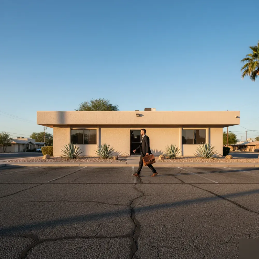 dui-defense-attorney-mesa-stapley-stucco-office-exterior Defense attorney walks toward a stucco office building in Mesa, Arizona, carrying a briefcase under golden-hour sunlight.