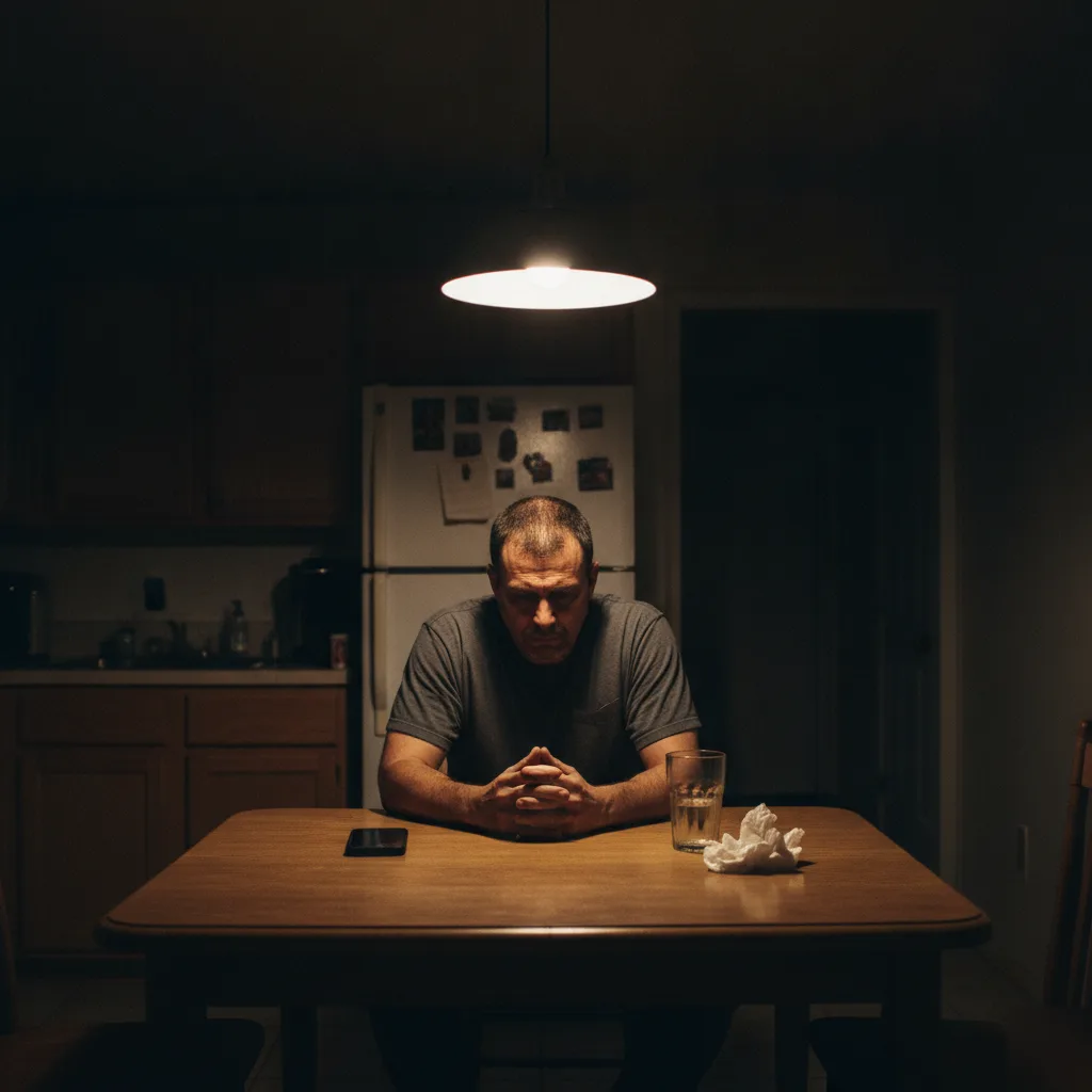 first-72-hours-after-arrest-mesa-home Man sitting at kitchen table at night after arrest in Mesa Arizona