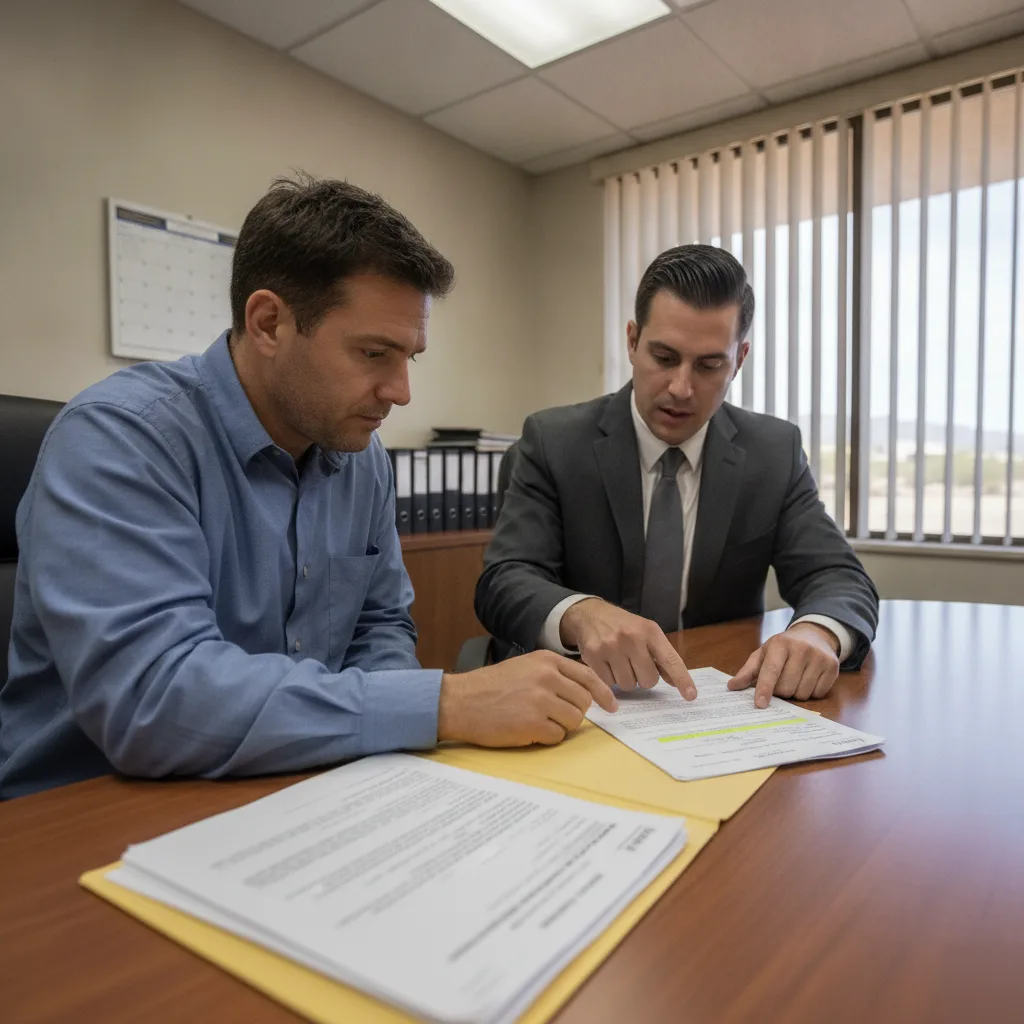 marijuana-dui-defense-attorney-client-meeting-mesa Attorney reviewing marijuana DUI arrest paperwork with client in Mesa law office
