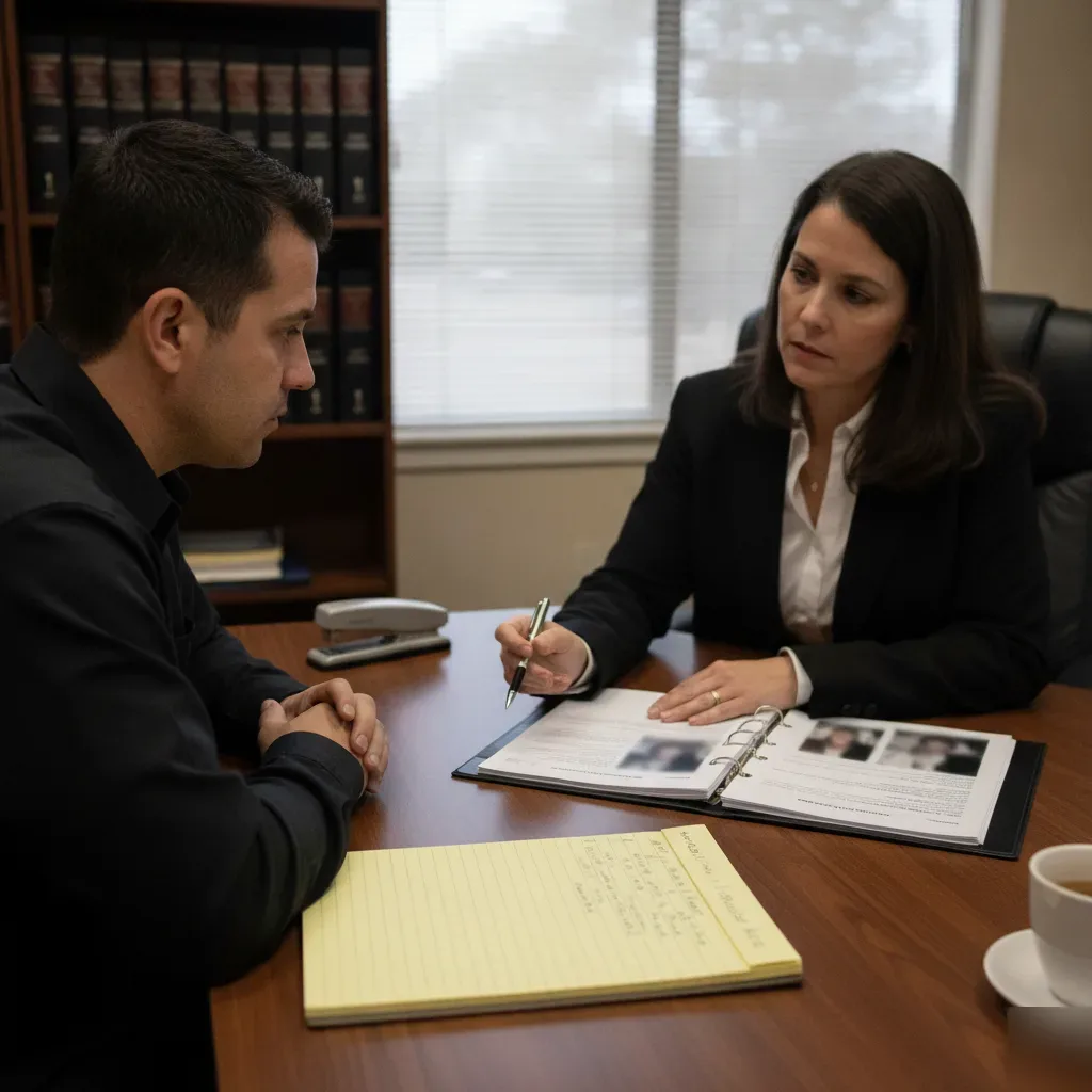 weapons-charges-defense-attorney-client-meeting-mesa Attorney reviewing weapons charge case file with client in Mesa office