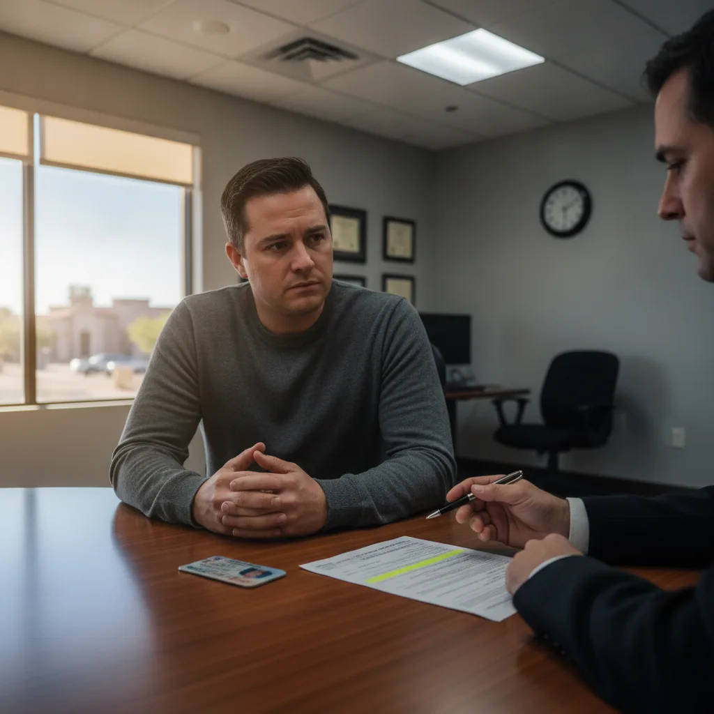 Mesa hit and run defense lawyer reviewing police report with client at office table
