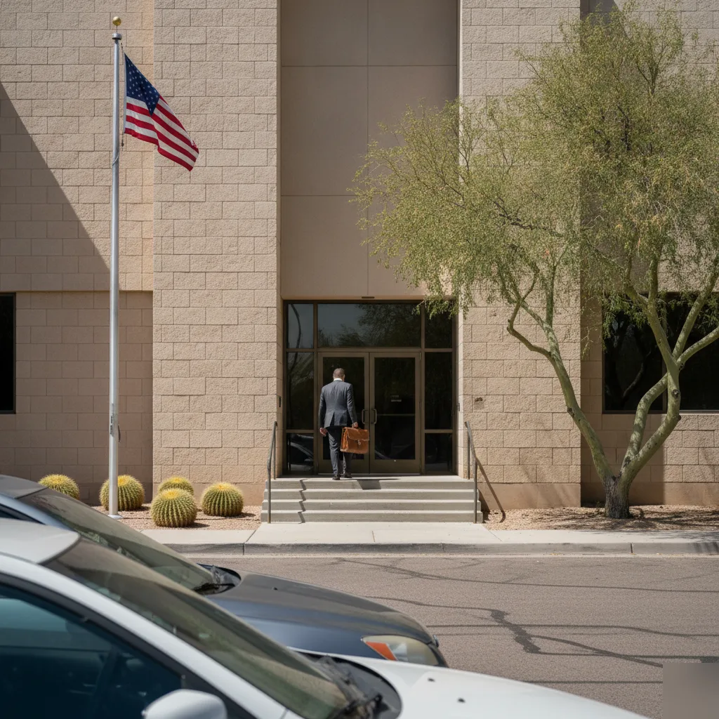 Attorney walking into Mesa municipal courthouse for hit and run case