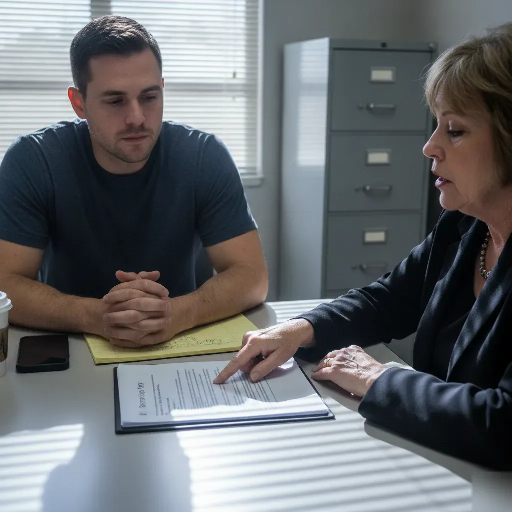 Attorney and client review restraining order violation defense case in Mesa office