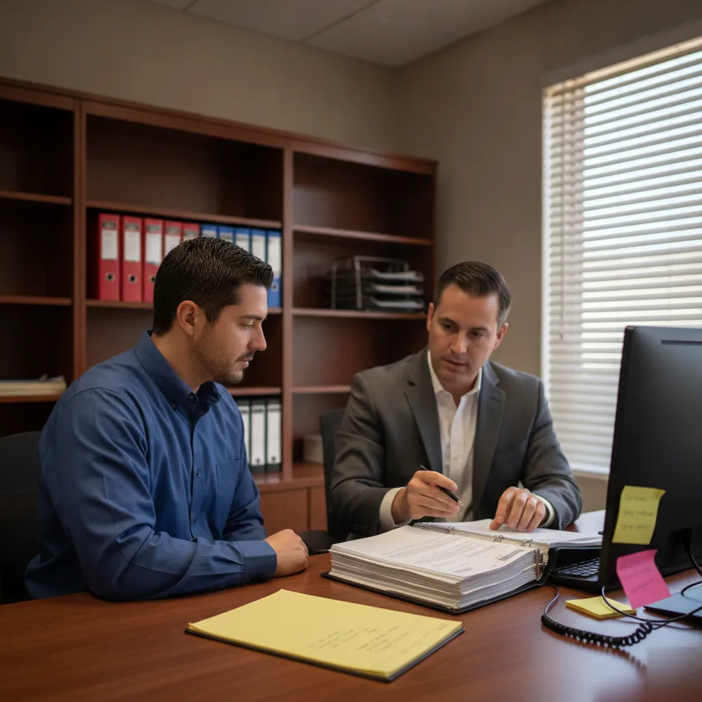 Robbery defense attorney reviewing case file with client in Mesa office
