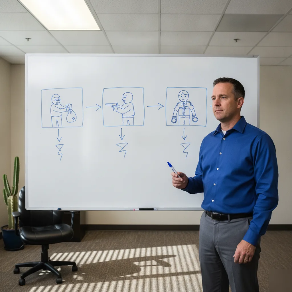 Mesa attorney diagrams robbery charge levels on office whiteboard